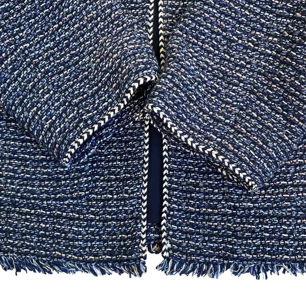 Talbots Sz 12 Airy Tweed Woven Jacket Open Front Fringe Trim Navy Classic - Picture 14 of 16